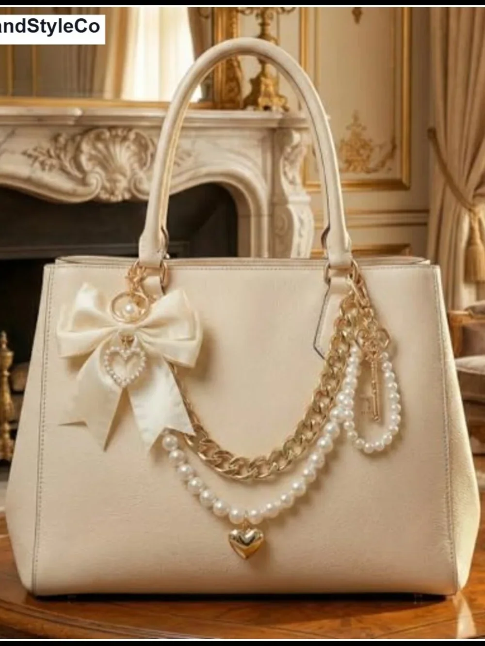 Pearl Chain Bag Charms Set with Bow Keychain, Gold Purse Accessories